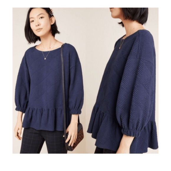 Maeve by Anthropologie Mikayla Peplum Lagenlook Minimalist Preppy Navy Top SZ S - Picture 1 of 8